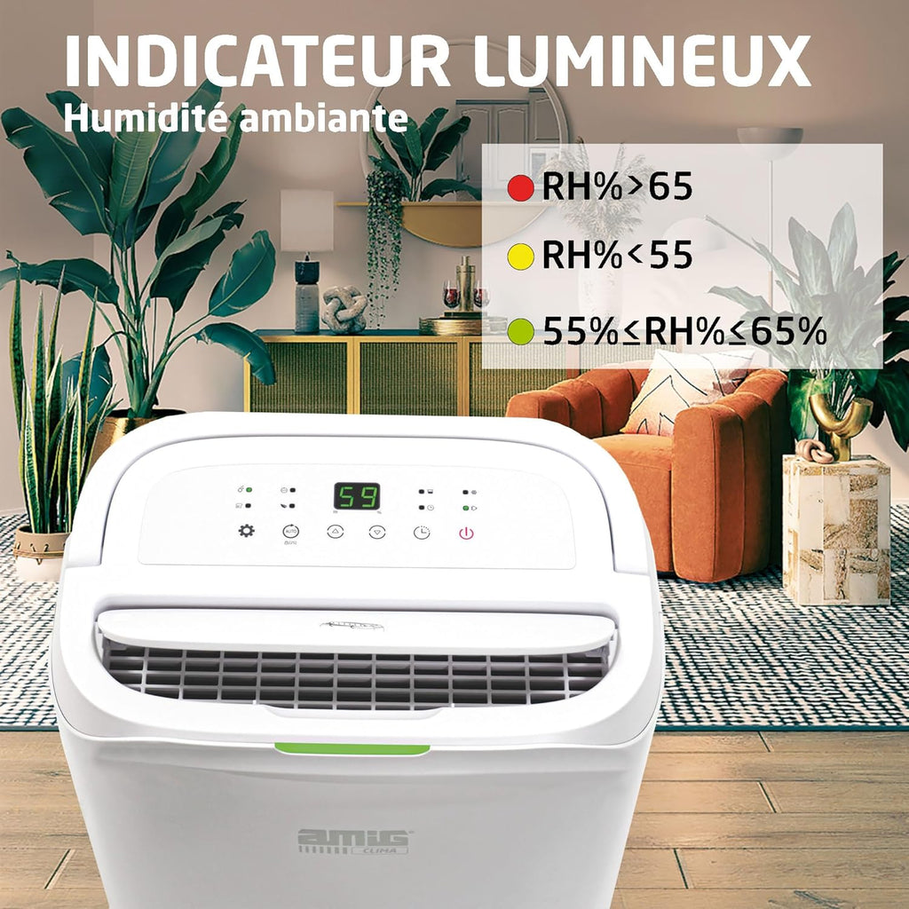 Amig - Déshumidificateur MIST | Capacité 20L/Jour | Régulation de l'humidité et minuterie | Réservoir d'eau amovible 6,5L | 36x28x56 cm | 260W | Couverture 165m³/h | Silencieux 45 dB | Séchage linge