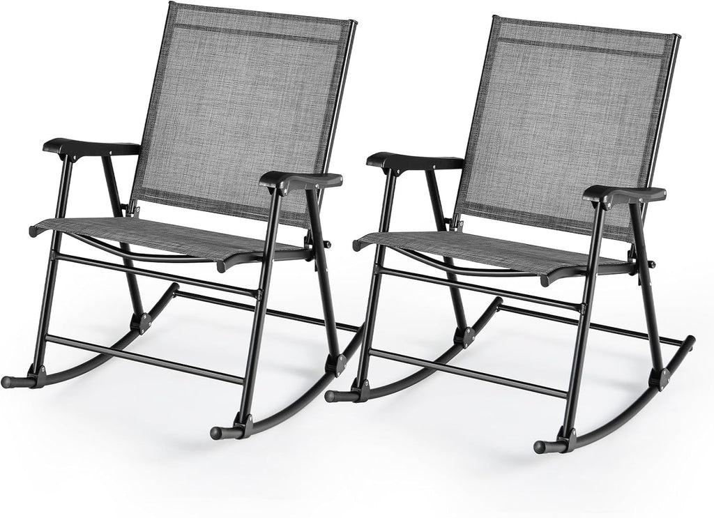 GOPLUS Lot de 2 Fauteuil Jardin Exterieur à Bascule Pliantes, 82 x 64 x 91 CM, Rocking Chair en Tissu Respirant, avec Dossier, Accoudoirs et Repose-Pieds, Charge 150KG, pour Camping, Terrasse, Jardin