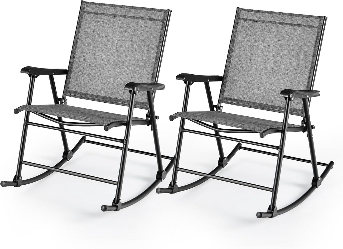 GOPLUS Lot de 2 Fauteuil Jardin Exterieur à Bascule Pliantes, 82 x 64 x 91 CM, Rocking Chair en Tissu Respirant, avec Dossier, Accoudoirs et Repose-Pieds, Charge 150KG, pour Camping, Terrasse, Jardin