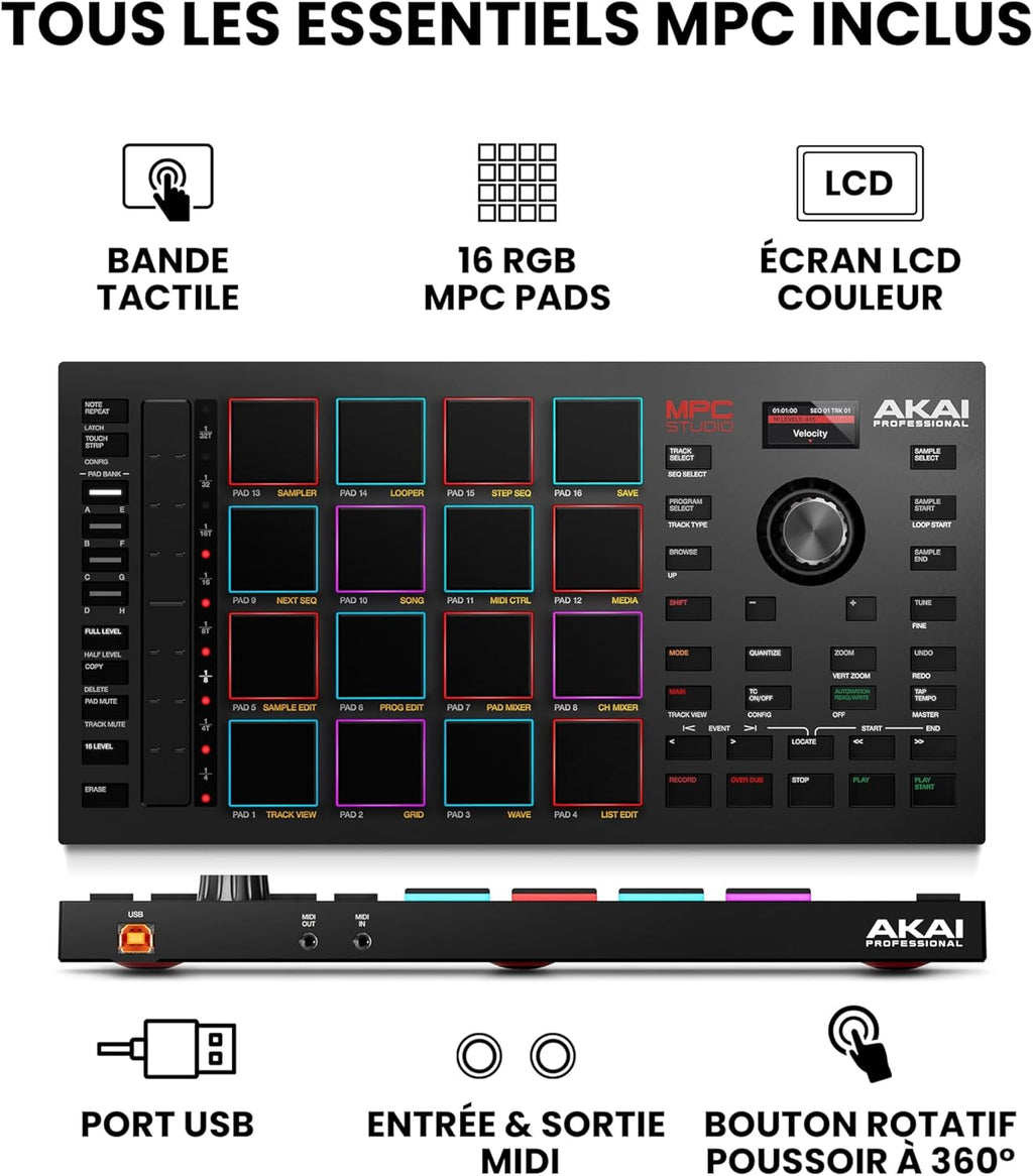 Akai Professional MPC Studio - Contrôleur MIDI Beat Maker avec 16 pads RVB sensibles à la vélocité, logiciel MPC, Touch Strip assignable et écran LCD
