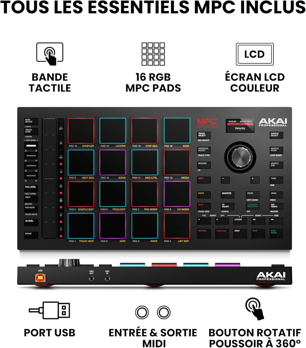 Akai Professional MPC Studio - Contrôleur MIDI Beat Maker avec 16 pads RVB sensibles à la vélocité, logiciel MPC, Touch Strip assignable et écran LCD