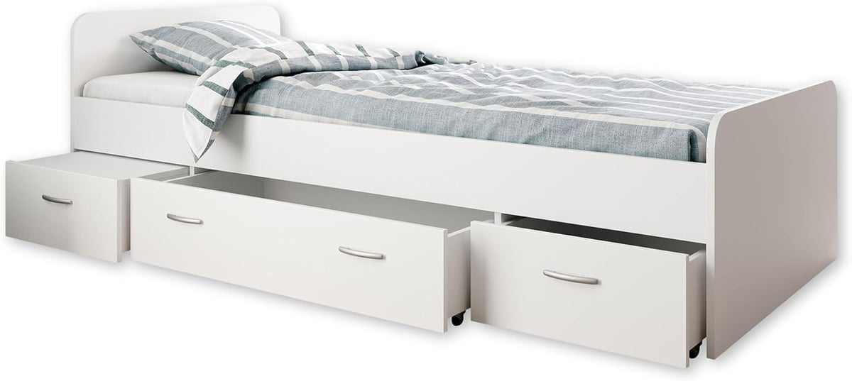 Stella Trading BORO Lit simple moderne avec 3x tiroirs 90 x 200 cm - Lit superposé pratique pour chambre de jeunes en blanc - 95 x 66 x 204 cm