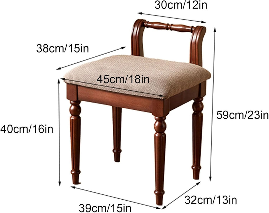 Tabouret de coiffeuse rétro avec pieds en bois massif élégant et rembourré pour femme – Siège de coiffeuse confortable, capacité de 109 kg (noyer)