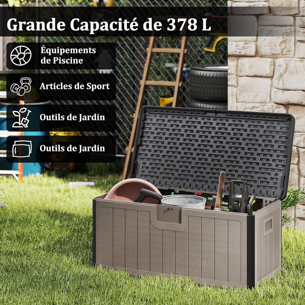 COSTWAY Coffre de Rangement Extérieure en Résine 378 L, Boîte de Rangement Imperméable avec Couvercle Verrouillable, pour des Outils Jouet Accessoires, pour Intérieur et Extérieur (Brun+Noir)