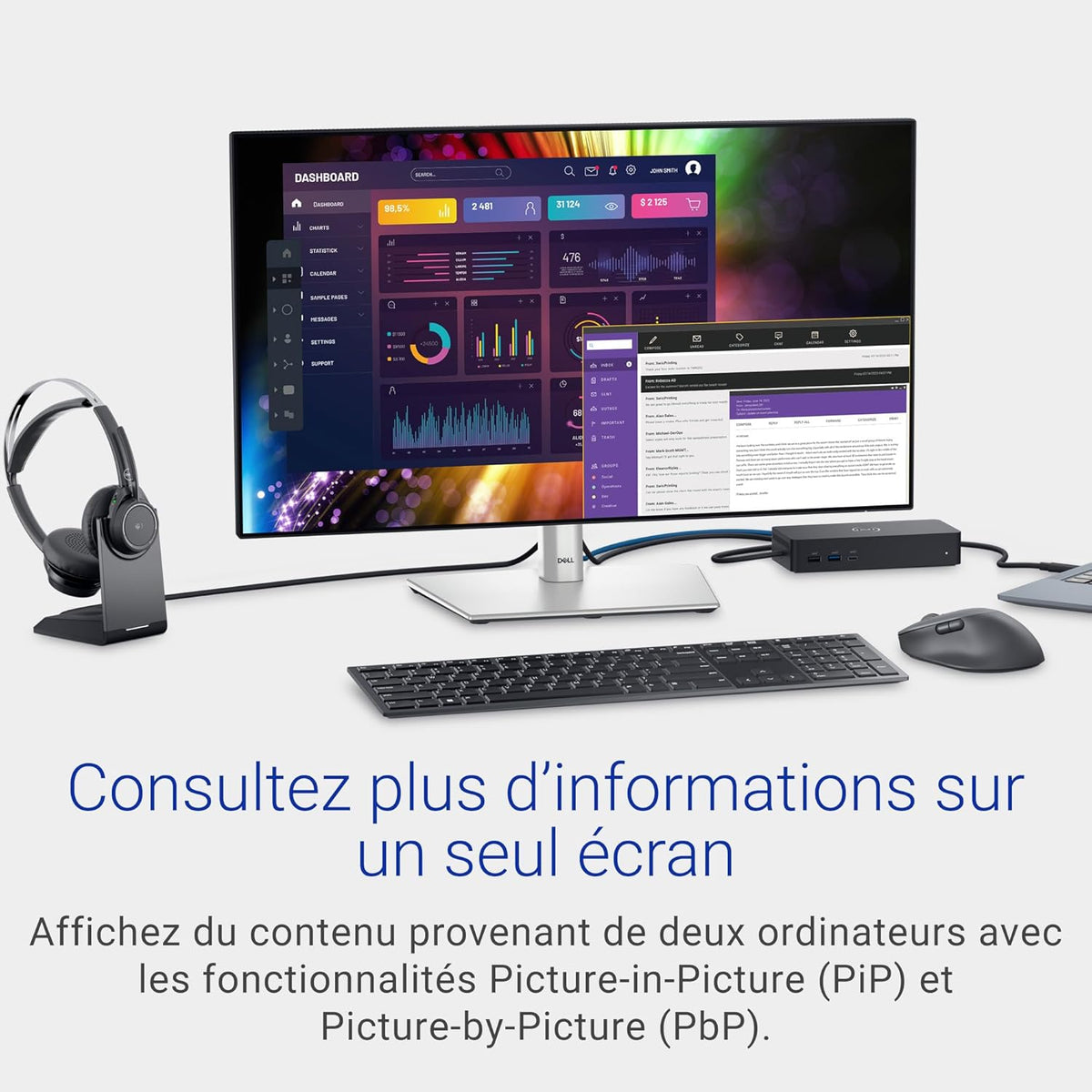 U2724D UltraSharp 27" QHD (2560x1440) Écran PC, 120Hz, IPS Black, 5ms, 98% DCI-P3, 2X USB-C, 2X DisplayPort, HDMI, 3X USB, Garantie 3 Ans, Argent