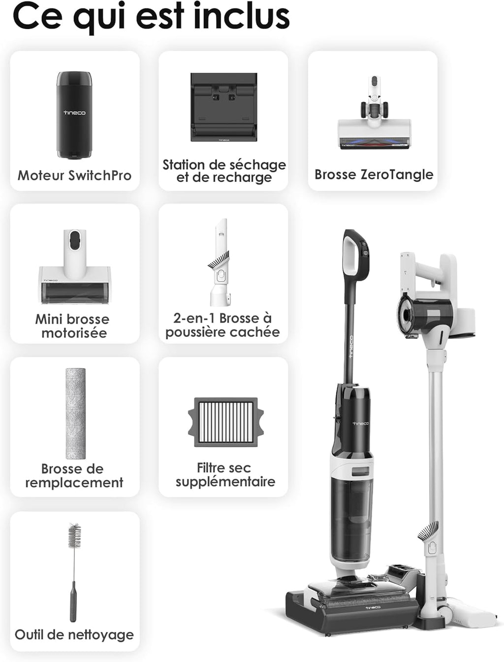 Tineco Floor One Switch S6 Stretch Aspirateur Laveur Sec Et Humide, Multifonction, 180° à Plat, Autonettoyant, 65 Minutes d'autonomie, Nettoyage des Bords des Deux côtés, Nettoyage de Toute la Maison