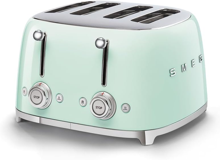 Smeg, Grille-pain 4 Tranches TSF03PGEU, 4 Fentes 36 mm, 6 Niveaux de Brunissage, Fonction Chauffage, Décongélation et Bagel, Éjection Automatique du Pain, 2 Ramasse Miettes, 2000 W, Vert Pastel