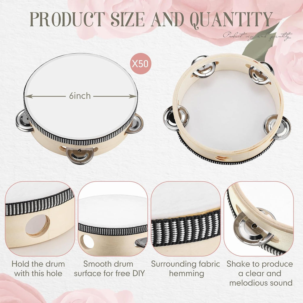 Lukmaa Lot de 50 tambourins de mariage en vrac de 15,2 cm pour adultes - Cadeau de percussion à main en bois et métal - Instrument éducatif musical pour église, fête de mariage