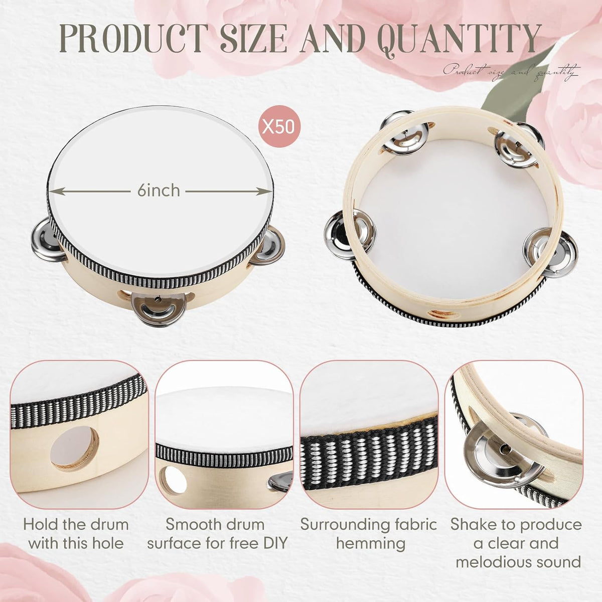 Lukmaa Lot de 50 tambourins de mariage en vrac de 15,2 cm pour adultes - Cadeau de percussion à main en bois et métal - Instrument éducatif musical pour église, fête de mariage