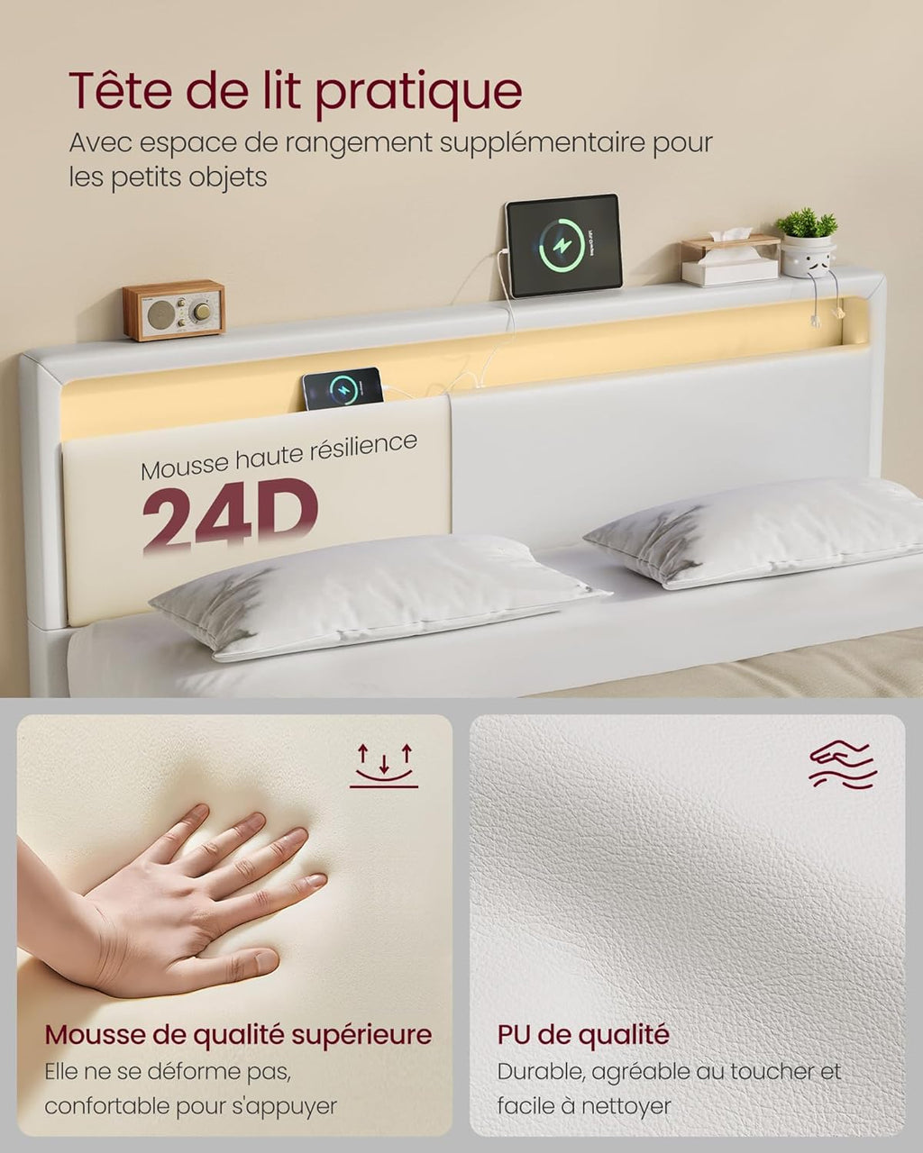 VASAGLE Lit Double 140 x 190 cm, Cadre Flottant avec Éclairage LED, Tête Haute, Multiprise, Style Moderne, Blanc Nuage RMB863W01