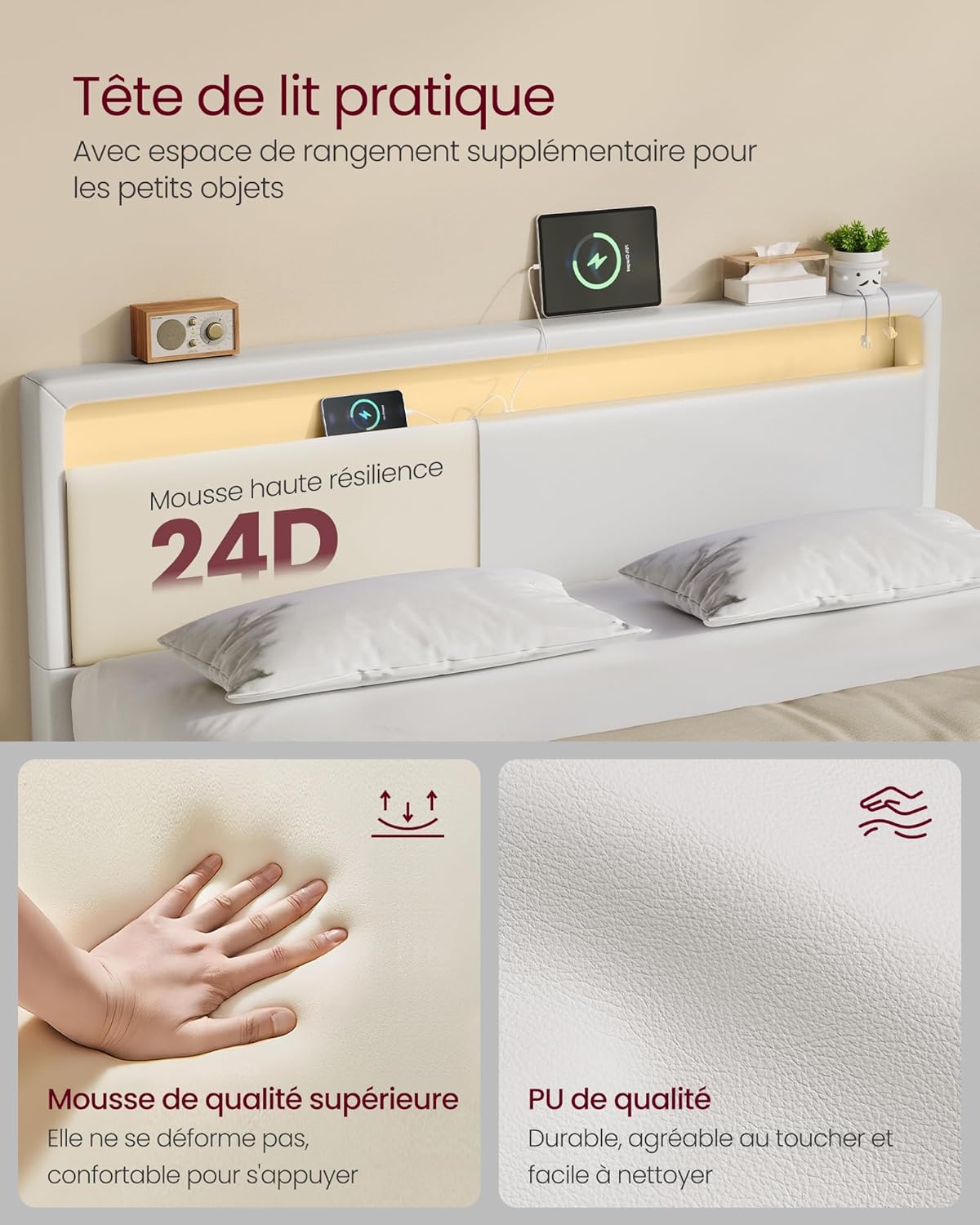 VASAGLE Lit Double 140 x 190 cm, Cadre Flottant avec Éclairage LED, Tête Haute, Multiprise, Style Moderne, Blanc Nuage RMB863W01
