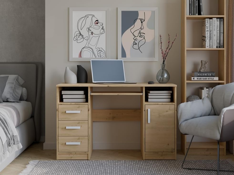 BDW Delta Bureau avec 3 tiroirs et 1 armoire, 120 x 75 x 60 cm, plateau pour clavier, Biruo, chambre d'enfant, salon, chêne artisanal