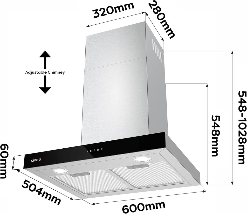 Ciarra Hotte Aspirante 60cm A+++ 650 m3/h, 4 Vitesses et Boost, Silencieuse, Commande Tactile et WiFi, Éclairage LED Réglable - Inox - CBCS6102