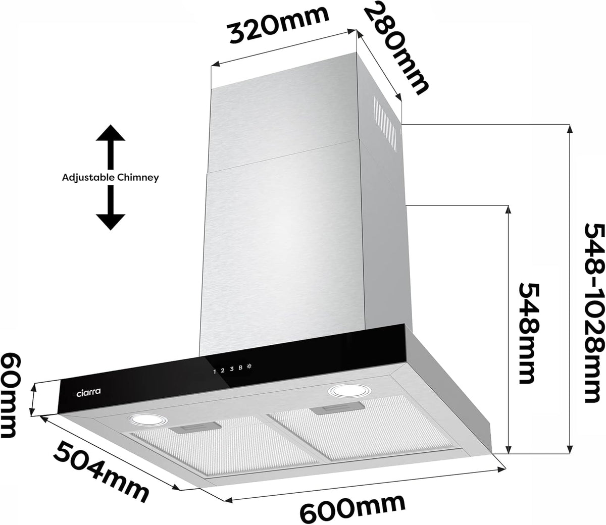 Ciarra Hotte Aspirante 60cm A+++ 650 m3/h, 4 Vitesses et Boost, Silencieuse, Commande Tactile et WiFi, Éclairage LED Réglable - Inox - CBCS6102