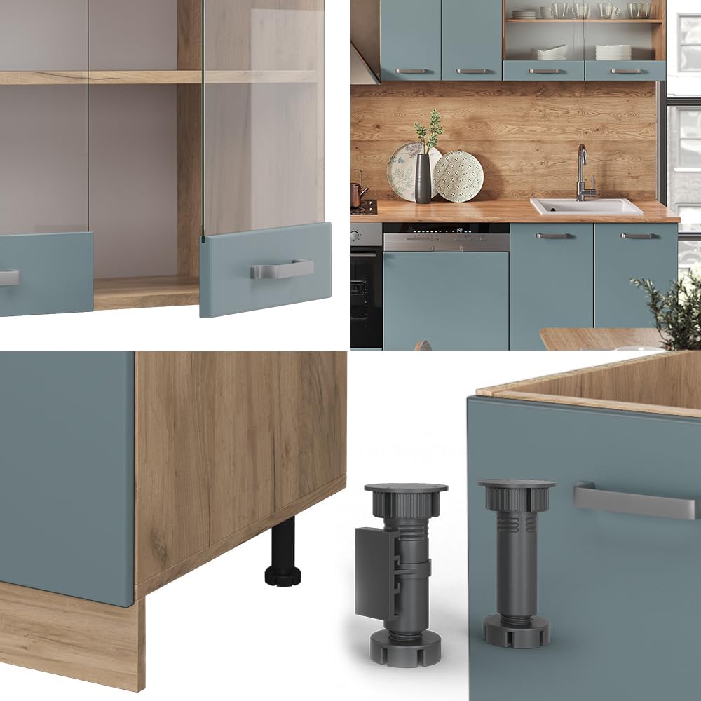 Vicco Cuisine R-Line, Bleu-Gris/Chêne de Force doré, 300 cm sans Plan de Travail