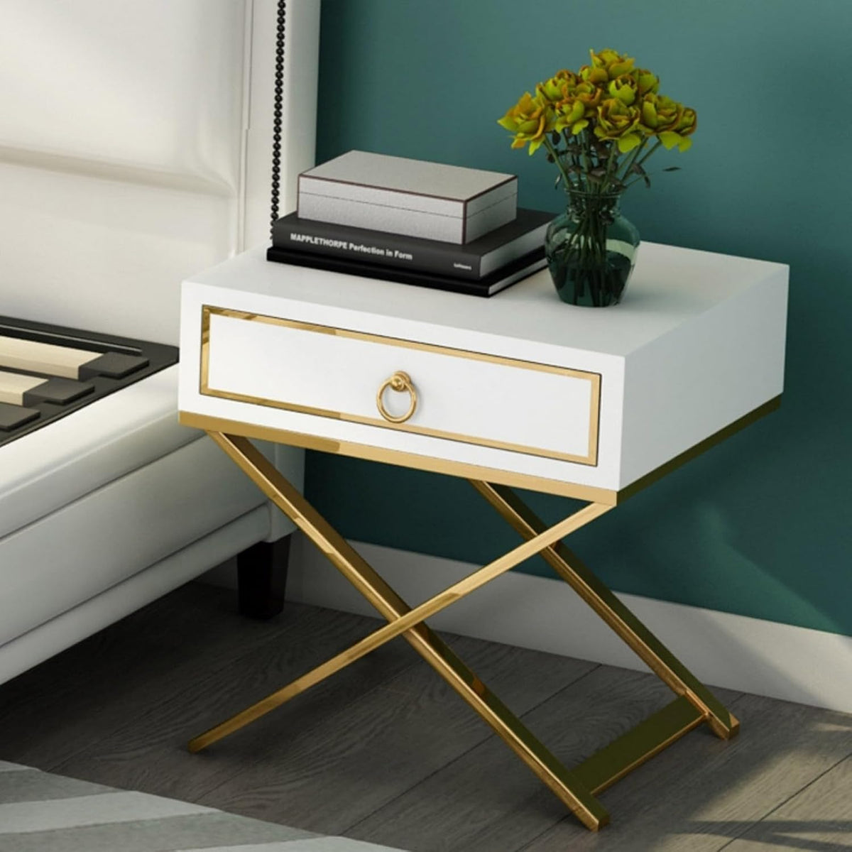 Homary Table de Chevet Blanche X-Shaped Stainless Steel – 1 Tiroir, Finition Dorée, Petit Meuble Rangement pour Chambre & Salon