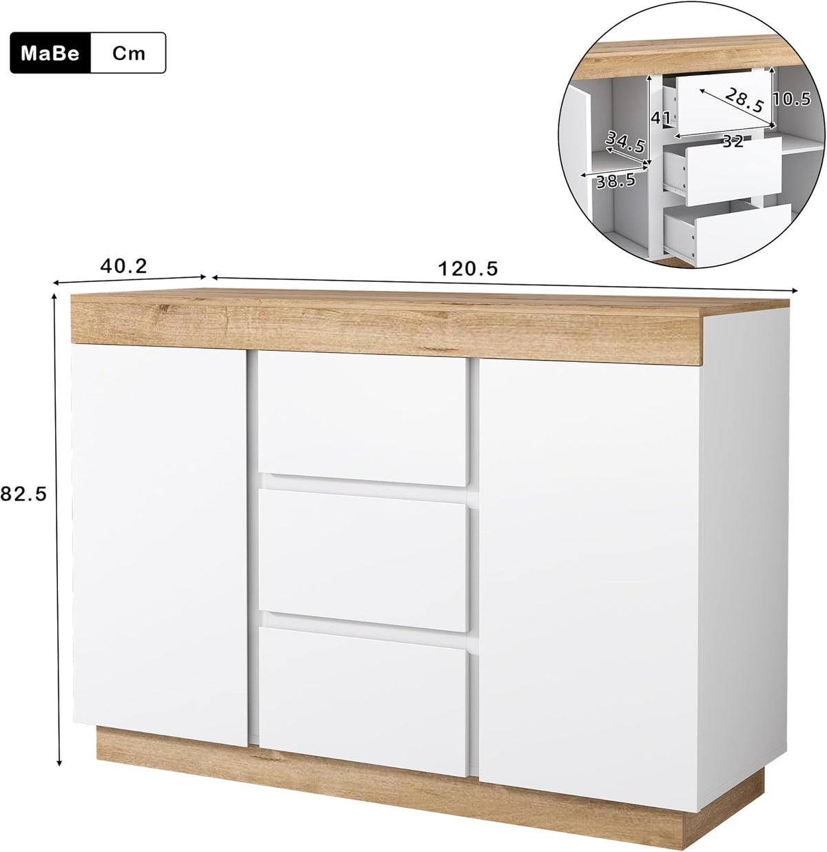Merax Commode moderne avec 2 portes et 3 tiroirs pour salon, salle à manger et chambre à coucher, 120,5 x 40,2 x 82,5 cm, blanc et bois