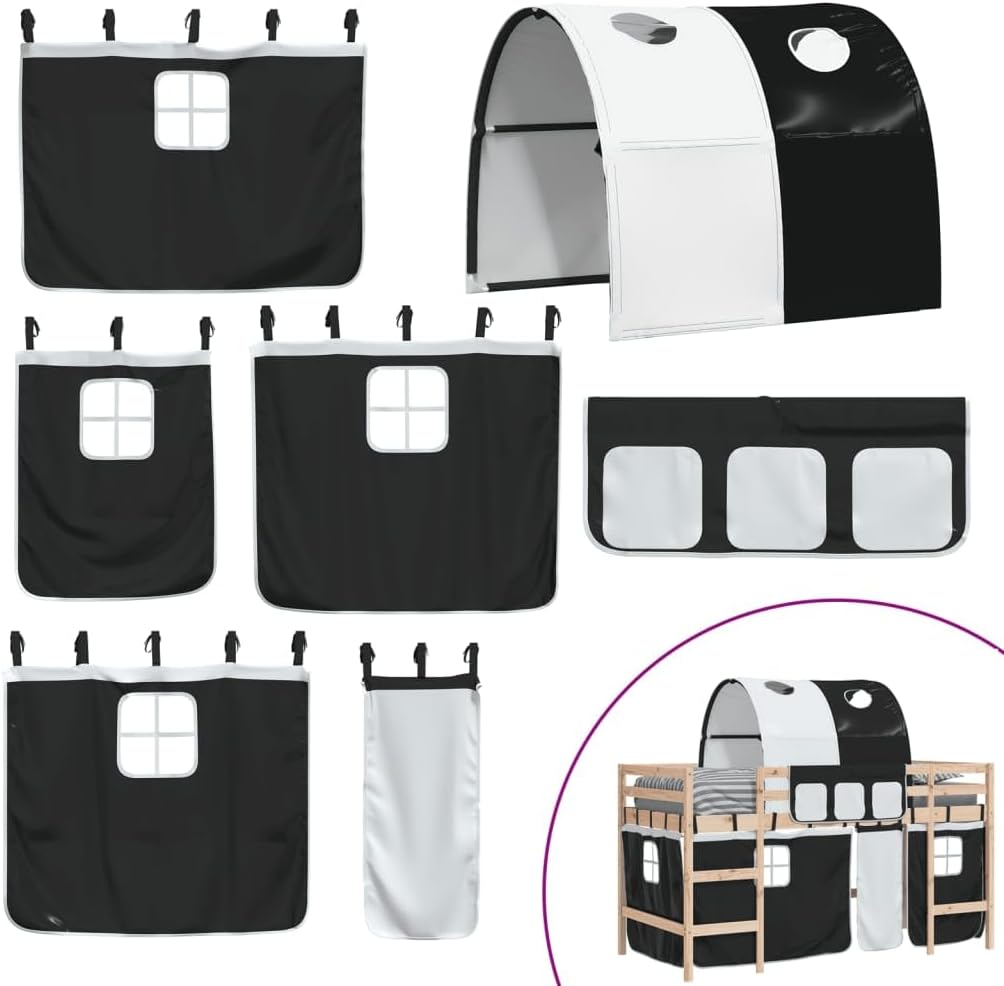 vidaXL Lit Mezzanine Enfants et Tunnel, Lit Surélevé pour Enfants avec Échelle, Meuble de Rangement Chambre, Moderne, Blanc Noir 90x190 cm Pin Massif