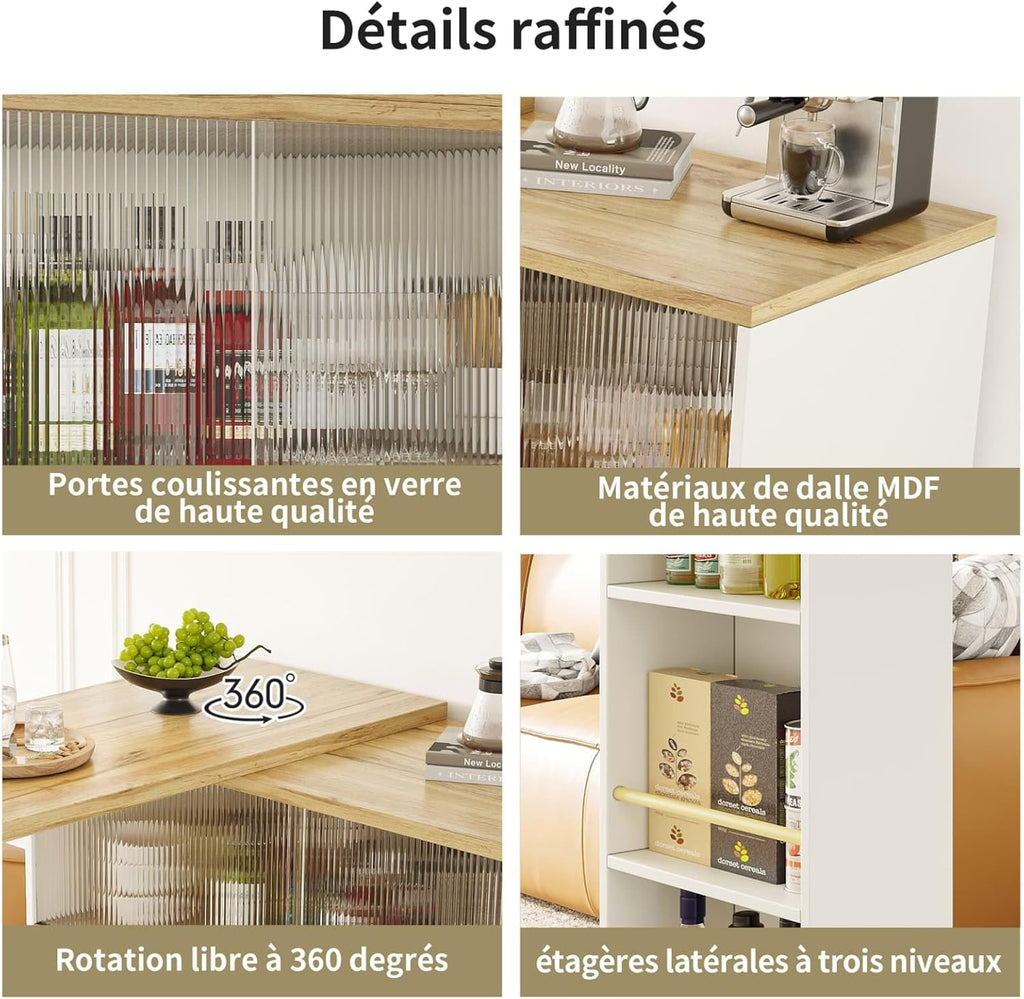 KOMHTOM Table de Bar Extensible avec Espace de Rangement, Meuble Bar avec 2 Portes en Verre, Rotation Libre à 360 °, étagères latérales (Blanc)
