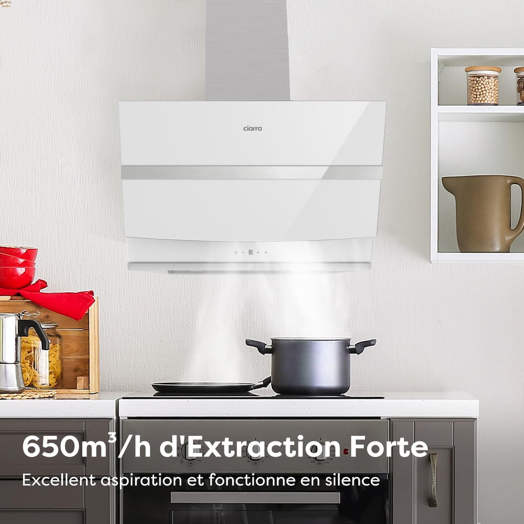 Ciarra ASW6736N Hotte Inclinée 60cm A+++ 650 m3/h - Commande Tactile et Wi-Fi - 4 Vitesses et Boost - Filtre à Charbon CBCF003 Inclus - Blanche