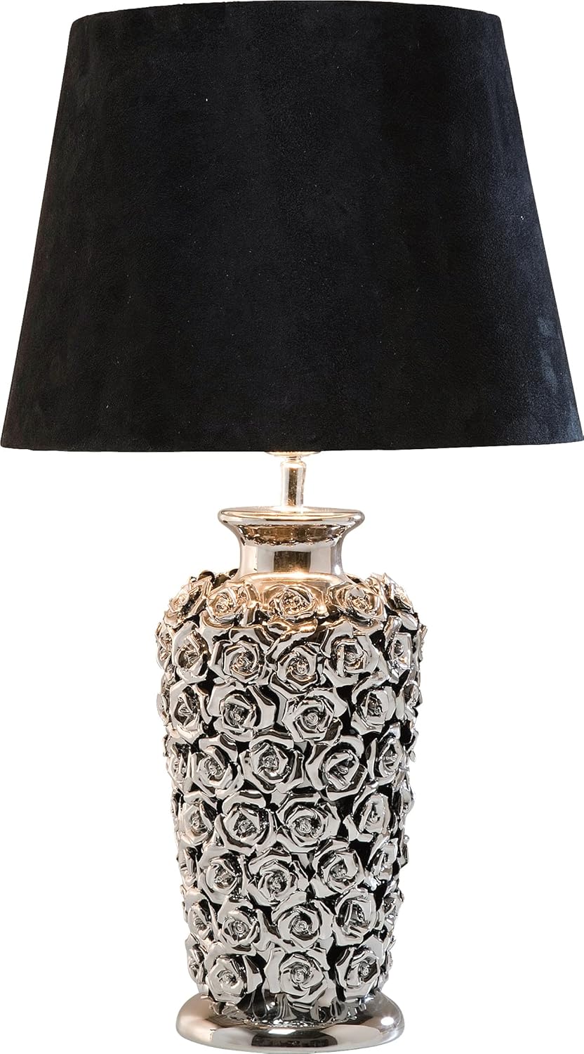 Kare Design Lampe à Poser Rose, Noir/Argent, Faïence, Motif de Roses, Lampe de Table, Lampe Salon, Deco Intérieur, Décoration Chambre, Couloir, 59x34x34 cm Ampoule Non Incluse