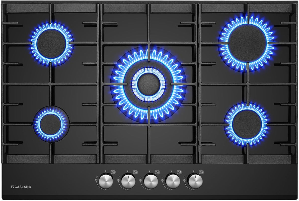 GASLAND GH2805BG1FC Table de cuisson à gaz 5 feux, avec brûleur wok, encastrable, 76cm noir, cuisinière à gaz en verre, 10.4KW, GPL/NG
