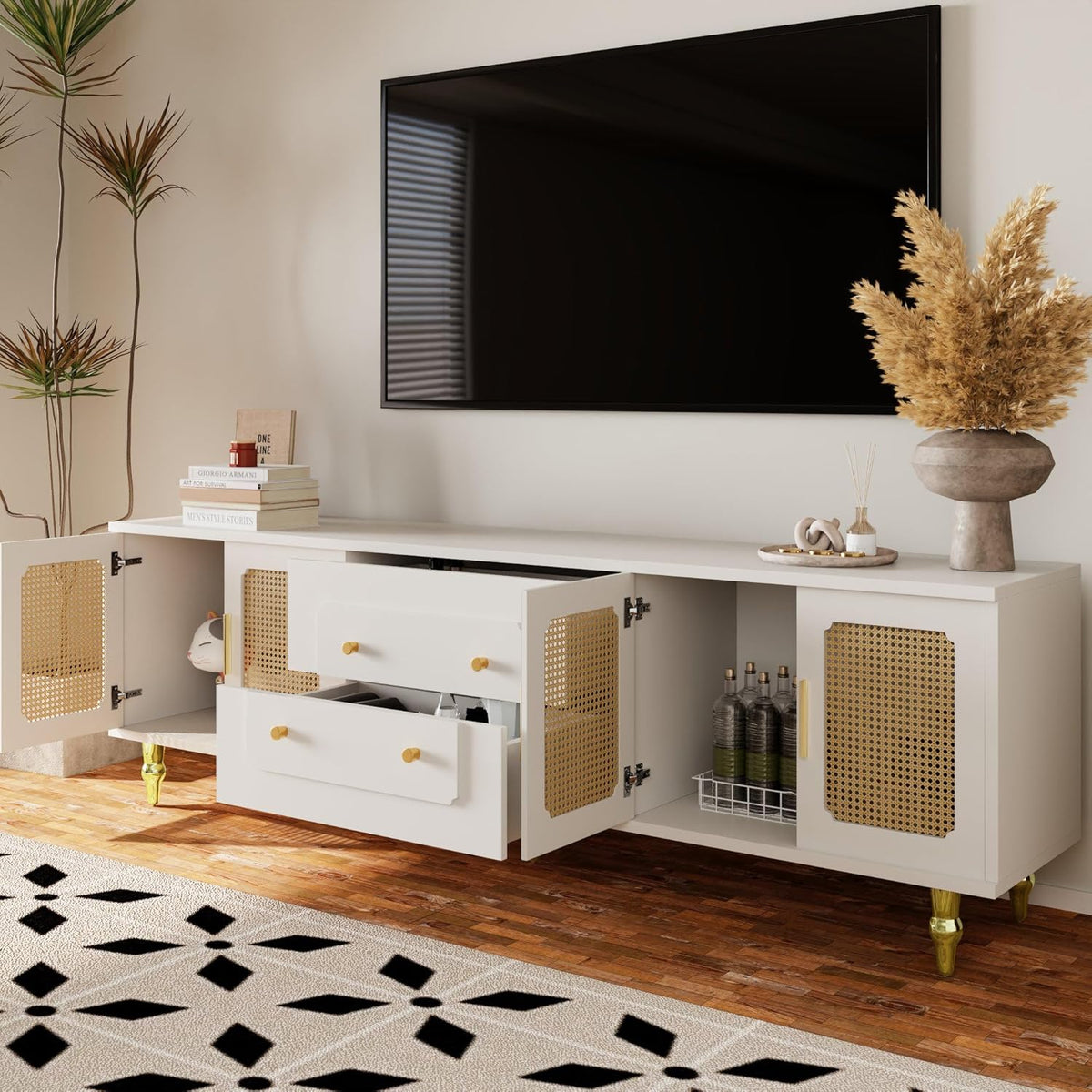 Meuble TV bas de style rétro avec 6 compartiments de rangement, poignées dorées, porte en rotin et pieds en métal, buffet TV pour salon (blanc, 175 x 38 x 55,5 cm)