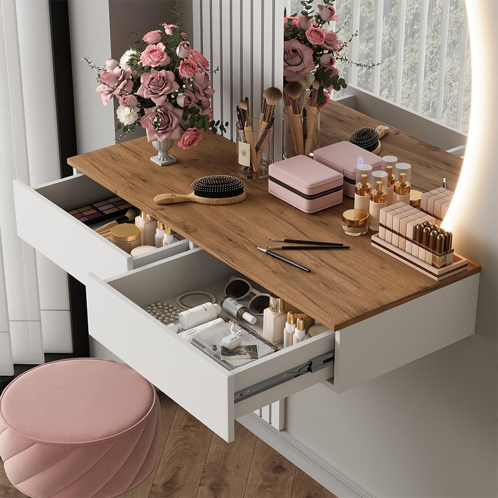 Vicco Coiffeuse Melina, Blanc/chêne, 100cm avec Miroir LED