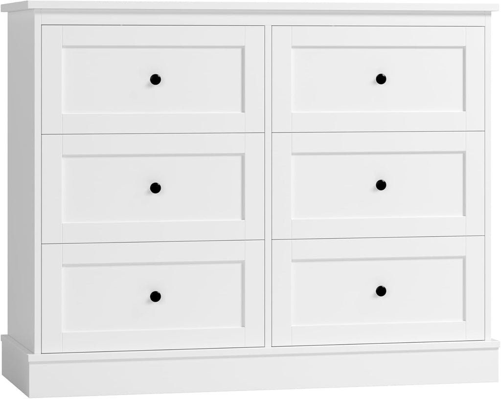 FOREHILL Commode Chambre Blanche Commode 6 Tiroirs Meuble de Rangement Chambre Adulte en Bois, Style Moderne 108x40x87cm