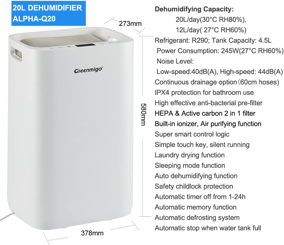 Déshumidificateur avec Ioniseur 20L/jour pour pièce jusqu'à 65m²,Filtre HEPA,Sèchage du Linge,Minuterie,Réservoir de 4.5L,Purificateur d'air Silencieux pour Maison,Cuisine,Bureau(ALPHA-Q20)