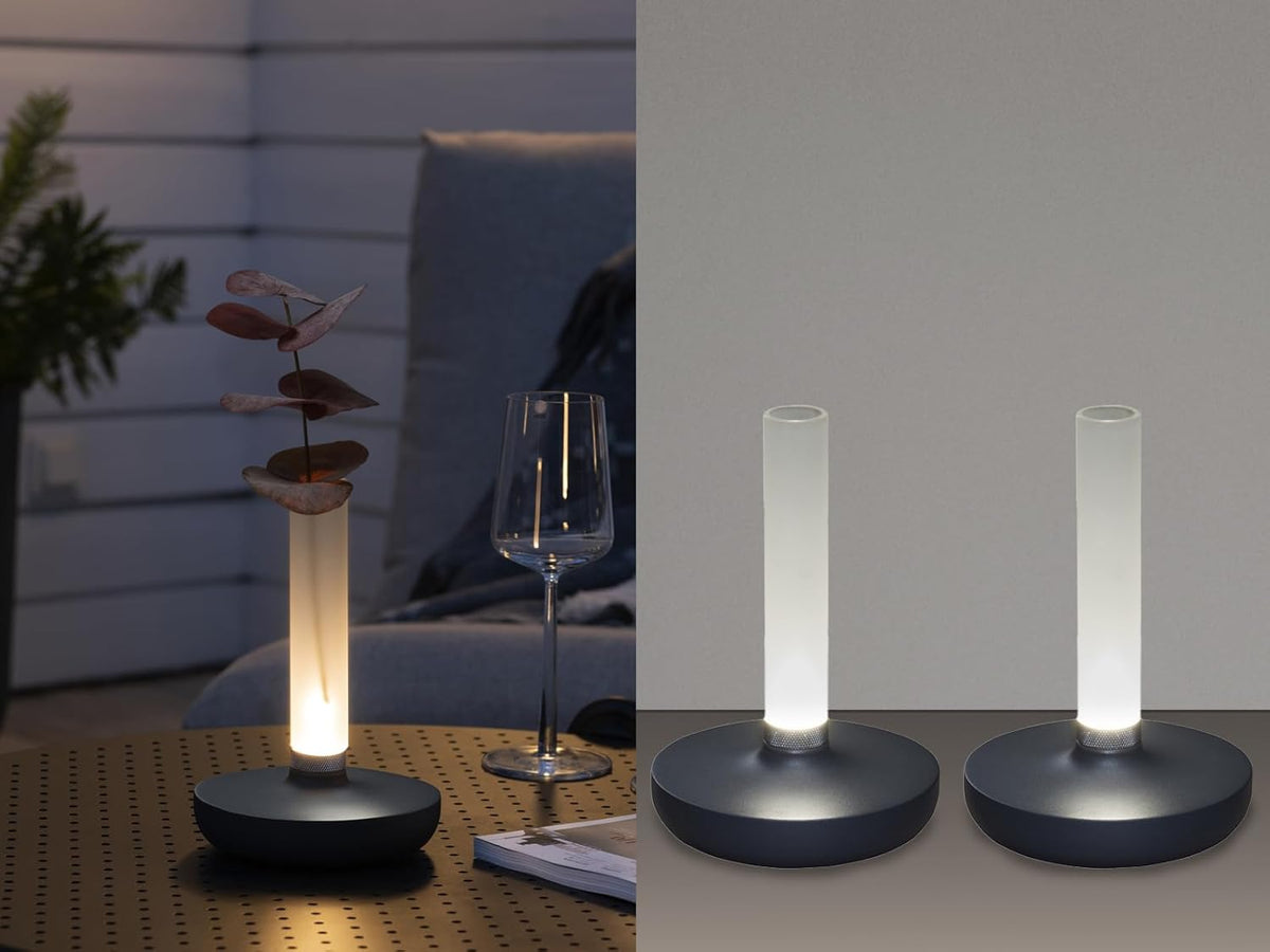 Lot de 2 lampes d'extérieur et vase à fleurs avec batterie Gris Hauteur 20 cm