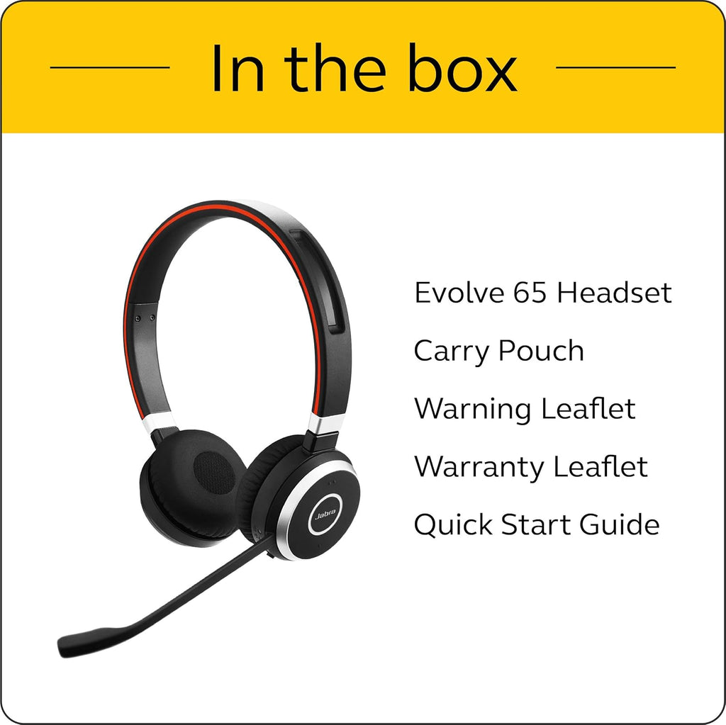 Jabra Evolve 65 Wireless Stereo On-Ear Headset – Unified Communications Optimised Headphones With Long-Lasting Battery – USB Bluetooth Adapter – Black