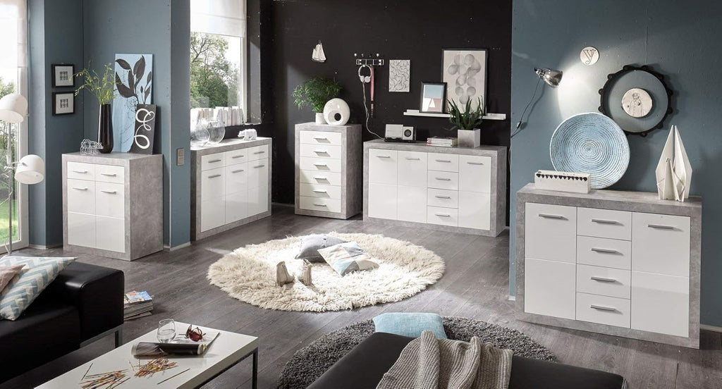 Stella Trading STONE Buffet aspect béton, blanc brillant - Commode moderne avec tiroirs et beaucoup d'espace de rangement - 147 x 89 x 37 cm (L/H/P)