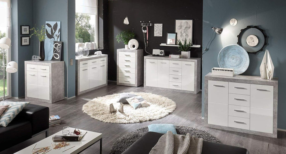 Stella Trading STONE Buffet aspect béton, blanc brillant - Commode moderne avec tiroirs et beaucoup d'espace de rangement - 147 x 89 x 37 cm (L/H/P)