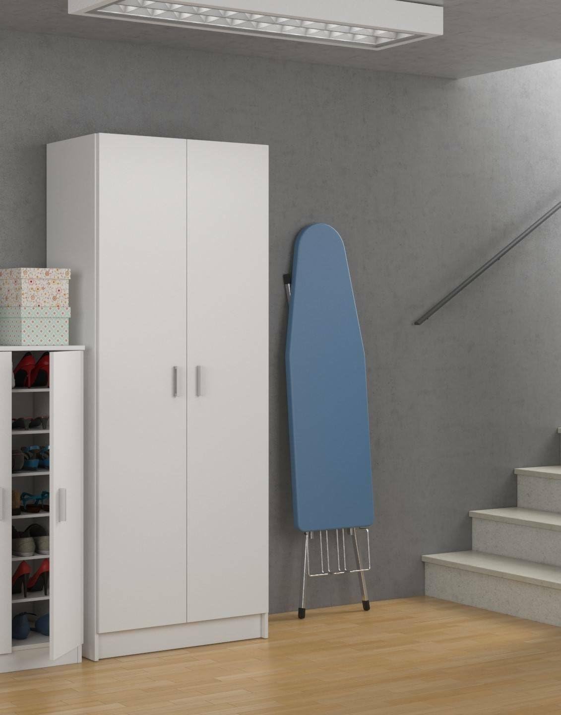 Dmora - Armoire polyvalent Charleston, Armoire à balais avec 2 portes, Étagère à chaussures avec étagères, Placard à balai, 73x37h180 cm, Blanc