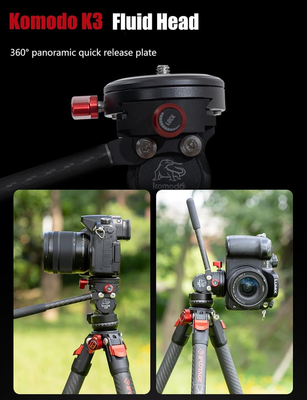 IFOOTAGE Gazelle TC3B+Komodo K3 Trépied en carbone pour appareil photo avec tête fluide, trépied de voyage portable, pour photographie professionnelle, création de contenu, vlogging et production