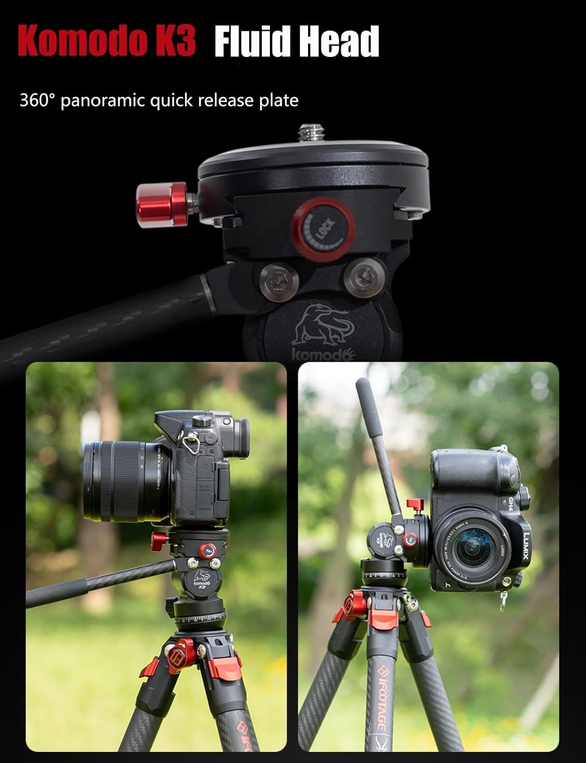 IFOOTAGE Gazelle TC3B+Komodo K3 Trépied en carbone pour appareil photo avec tête fluide, trépied de voyage portable, pour photographie professionnelle, création de contenu, vlogging et production