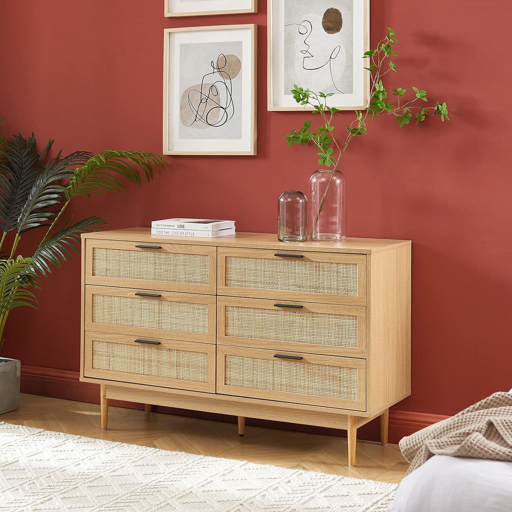 BAÏTA Commode Amana Effet chêne et cannage en rotin 6 tiroirs