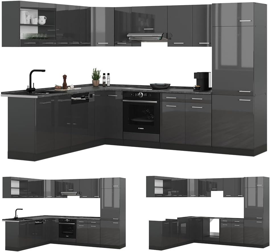 Vicco Cuisine en Angle R-Line, Anthracite Brillant/Anthracite, 227x287cm, PT Marbre