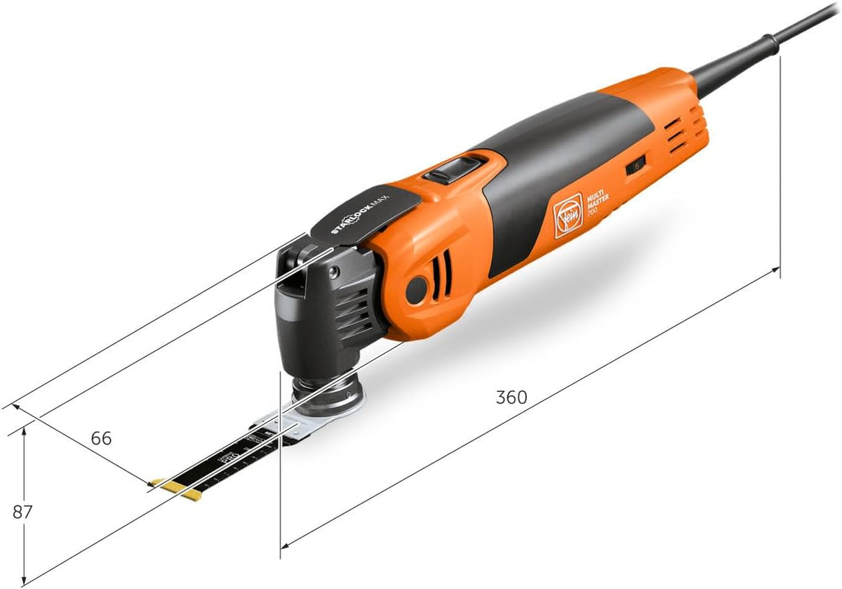 FEIN Multimaster MM 700 Max Top,MultiTool puissant rapide avec plus de 60 accessoires, Motor FEIN 450 W, système anti-vibration, Porte-outil StarlockPlus, Changement d’accessoire QuickIN