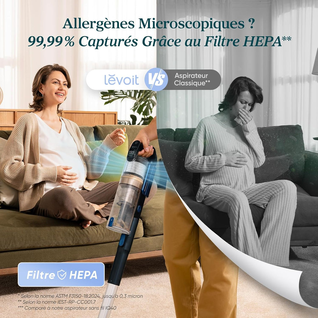 LEVOIT Aspirateur Balai sans Fil, Anti-emmêlement, Filtration HEPA à 99,99 pour cent 240 W Puissante, jusqu'à 60 Min, Affichage LED, avec Mini Brosse Turbo pour Sols, Poils d'animaux Balai Électrique