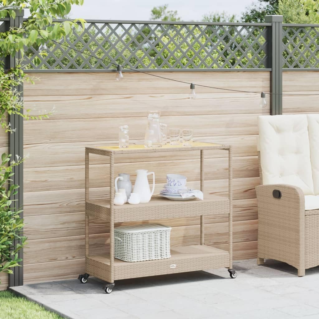 Tomostar Desserte de Jardin, Chariot de Bar Desserte Extérieur 3 Niveaux Beige rotin et Bois d'acacia Massif