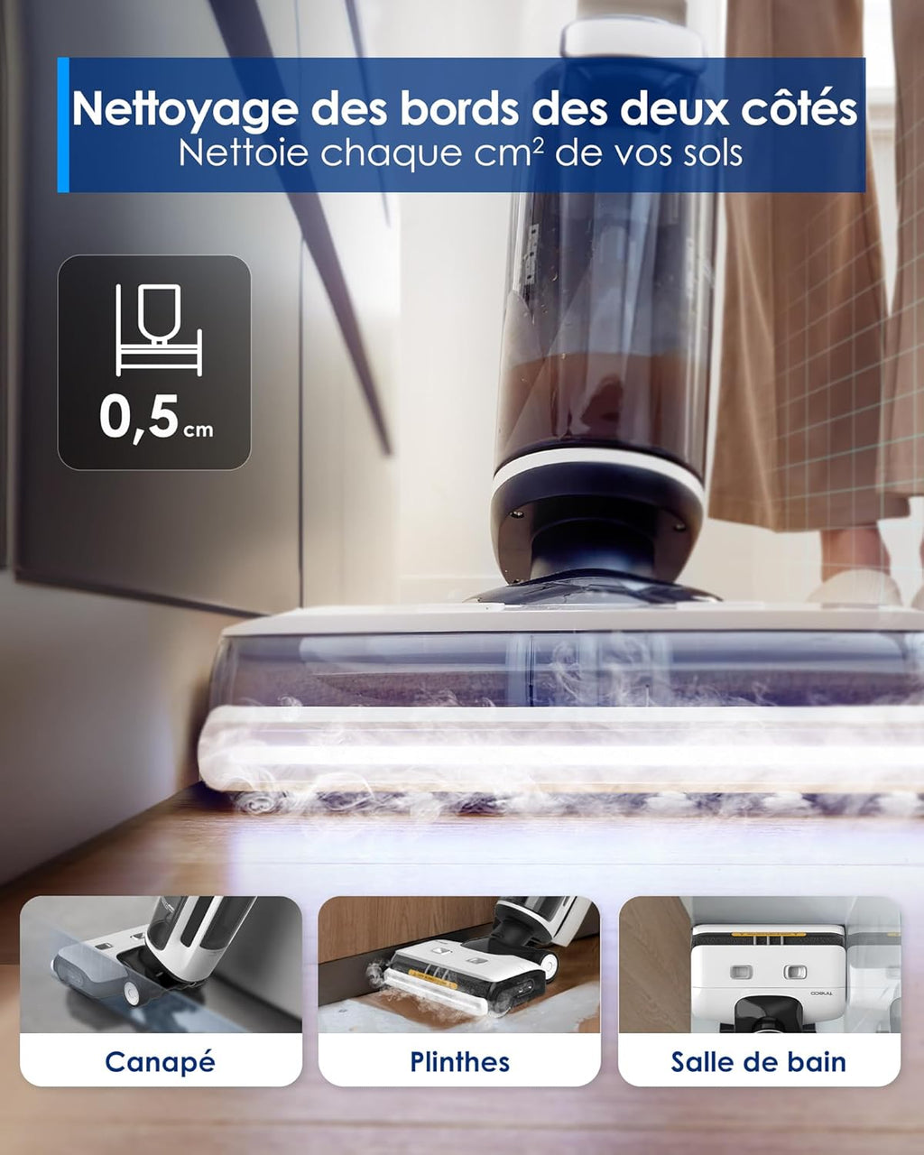 Tineco Floor One S7 Steam Nettoyeur de Sols sans-Fil Balai Vapeur pour Saletés Collantes sur Sols Durs avec Écran Auto-Nettoyage Nettoyage des Bords Autopropulsion Parfait pour Enfants/Animaux