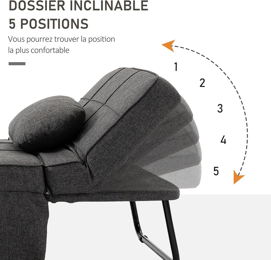 HOMCOM Chauffeuse 1 Place 4 en 1 Fauteuil lit Convertible Pouf Dossier inclinable 5 Niveaux Repose-Pied Rabattable, Charge 200 Kg, châssis métal et Tissu Lin Gris