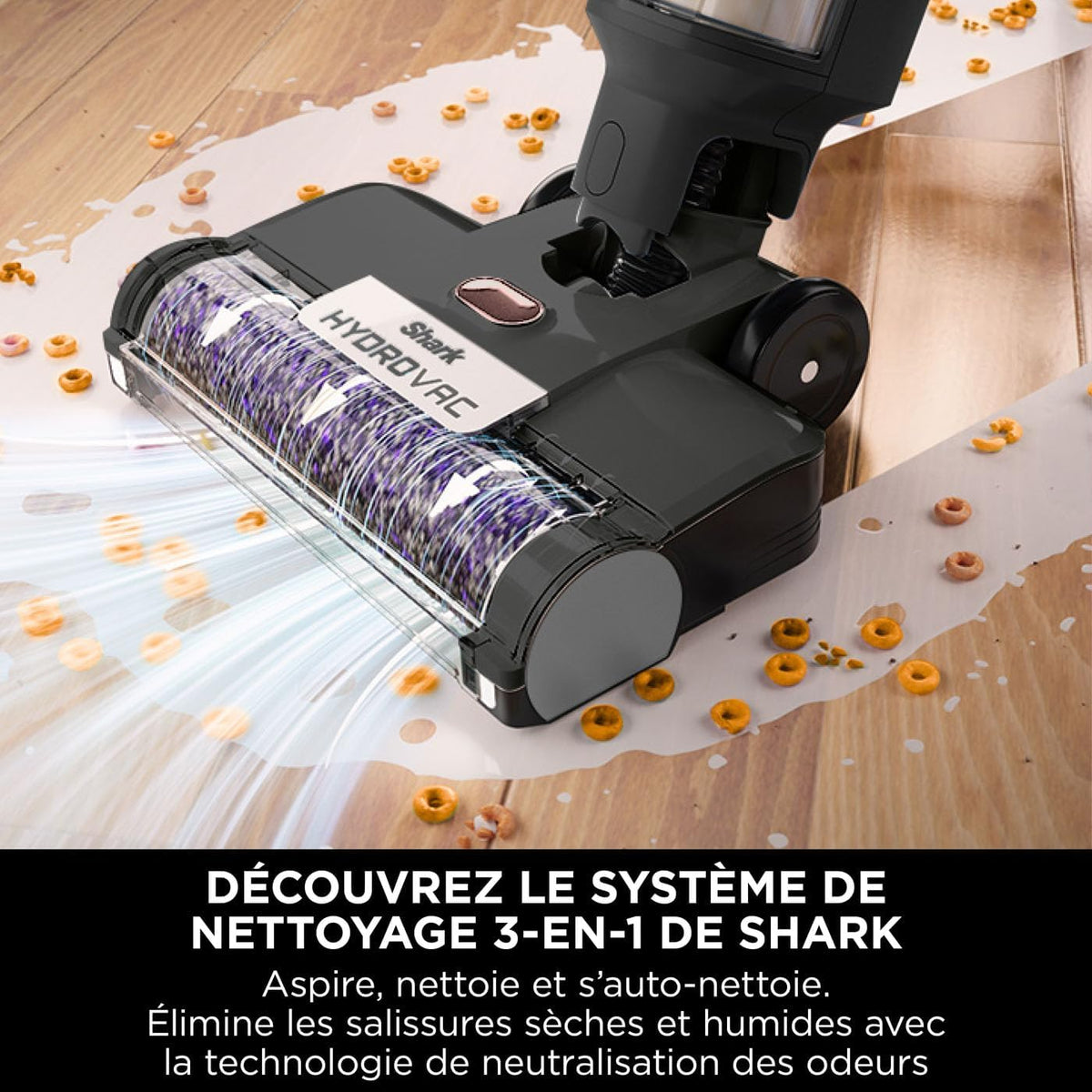 Shark HydroVac Nettoyeur sans fil sols durs, brosse roulante antimicrobienne et solution multi-surfaces neutralisant les odeurs, autonettoyant, aspire,nettoie saletés humides et sèches, gris,WD210EUCP