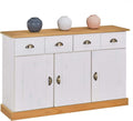 Buffet salle à manger PARIS en bois massif L 116 cm avec 3 portes battantes et 2 tiroirs spacieux, poignées coquille, meuble de rangement pratique, Structure robuste et finition élégante, blanc et bru