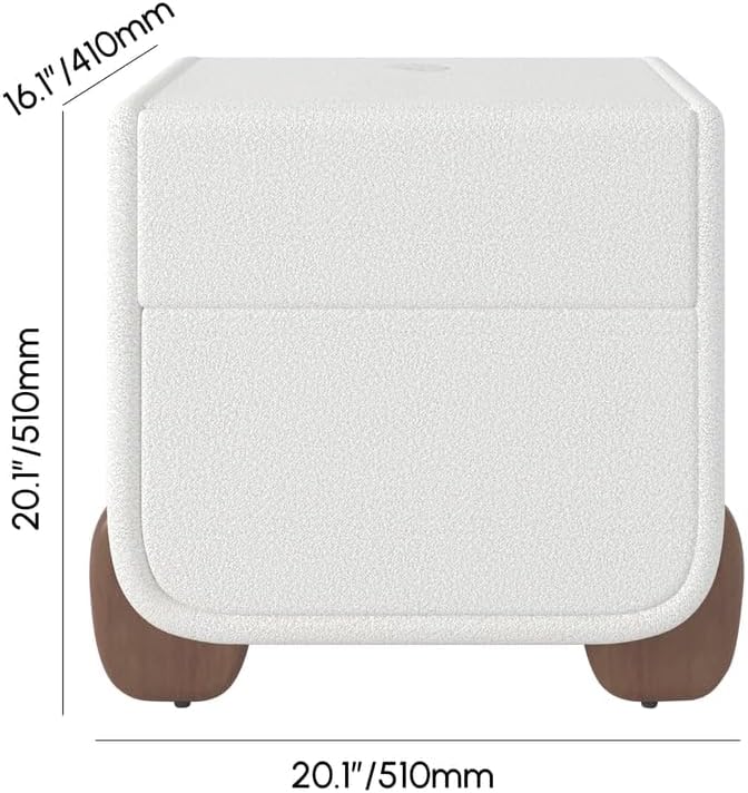 Homary Table de Chevet LED Smart Blanc Bouclé 2 Tiroirs, Recharge sans Fil/Filaire, Pieds Noisetier, Petit Meuble Rangement pour Chambre Adulte