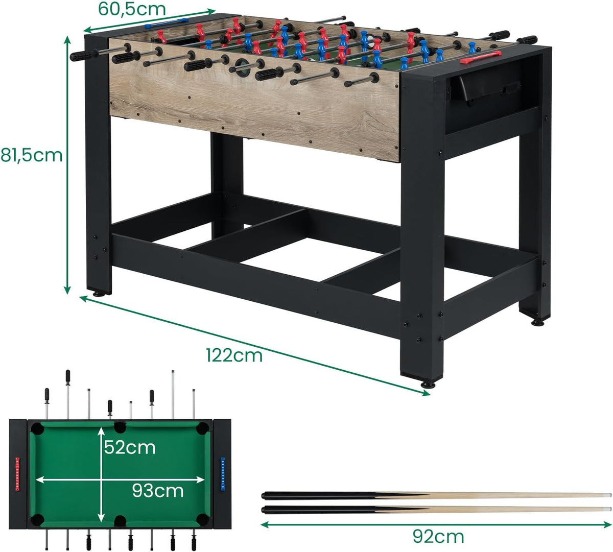 HOMASIS 2 en 1 Table de Jeu Multifonction Pliable avec 2 Boules et Marque-Points, Table de Billard avec 2 Queues et Triangle de Maison, 122 x 60,5 x 81,5 cm