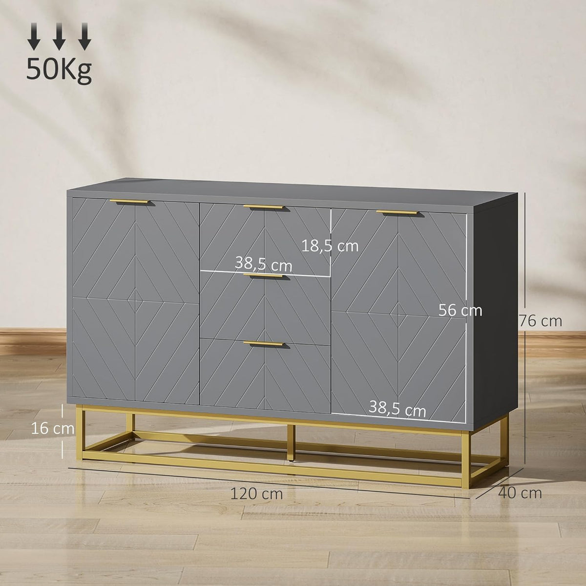 HOMCOM Buffet moderne pour salon avec 3 tiroirs, 2 portes et étagère réglable, pour salon, anti-renversement, 120 x 40 x 76 cm, gris