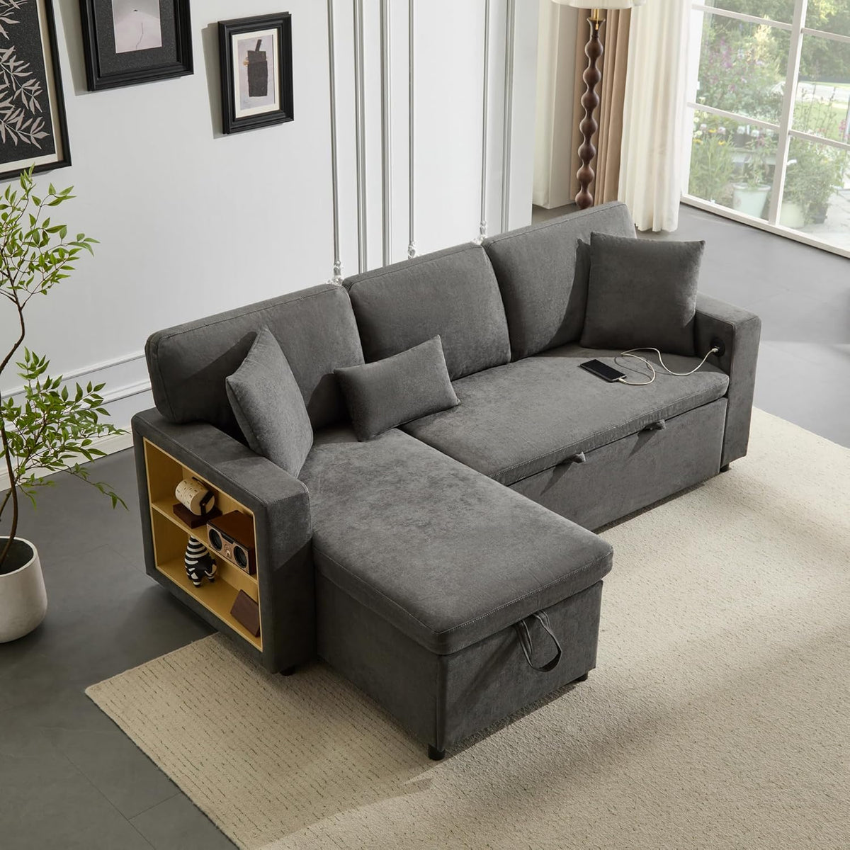 Canapé convertible 3 places en forme de L avec USB et étagère intégrée, meubles rembourrés, convertible avec tiroir de lit, meuble de salon, gris foncé